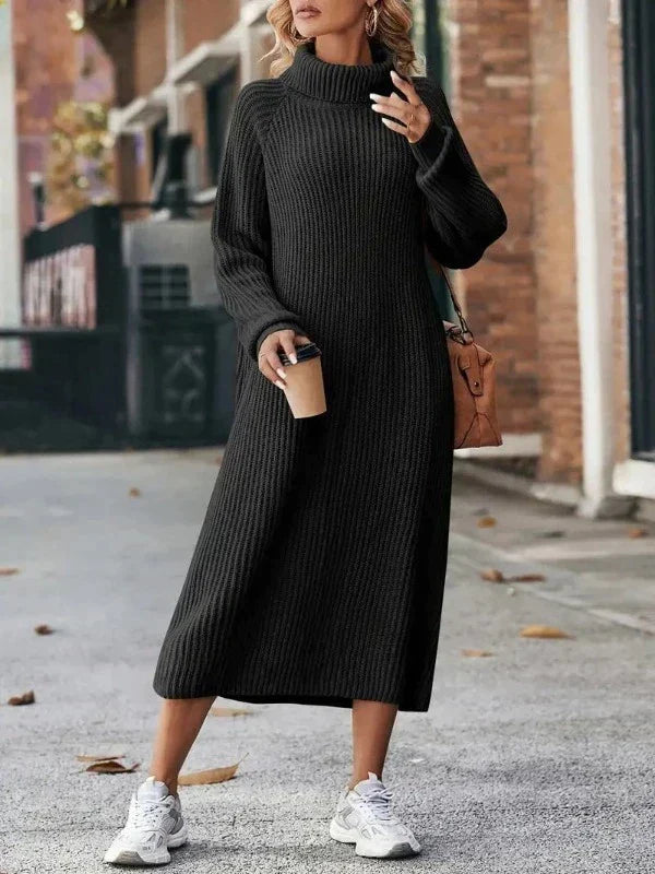 Women's Ribbed Turtleneck Maxi Sweater Dress with Long Sleeves