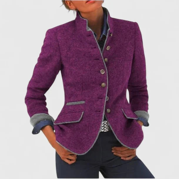 Women’s Tailored Stand-Collar Blazer Jacket with Contrast Piping and Turn-Back Cuffs