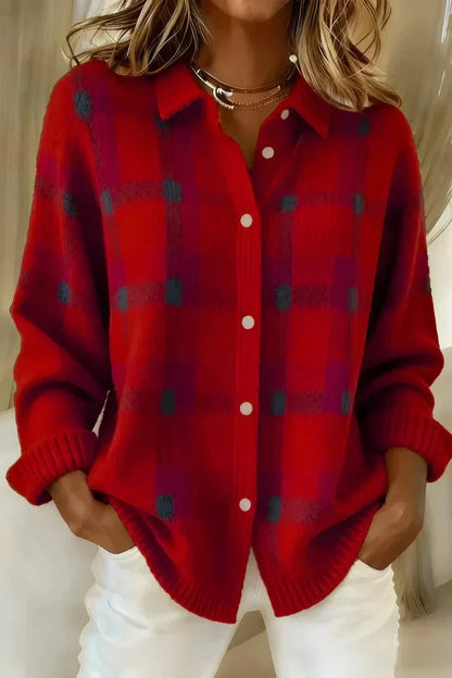 Women’s Oversized Plaid Brushed Shirt Jacket with Point Collar and Button Front