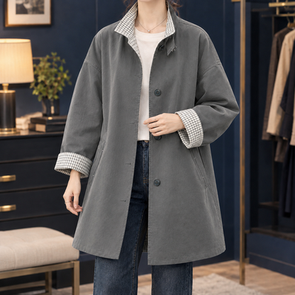 Women’s A-Line Overcoat with Checked Collar and Cuffs