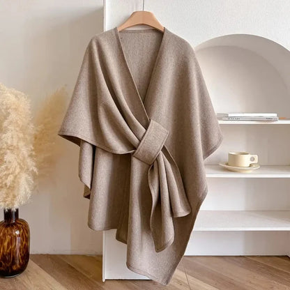 Women’s Windproof Belted Cape Coat with Draped Silhouette