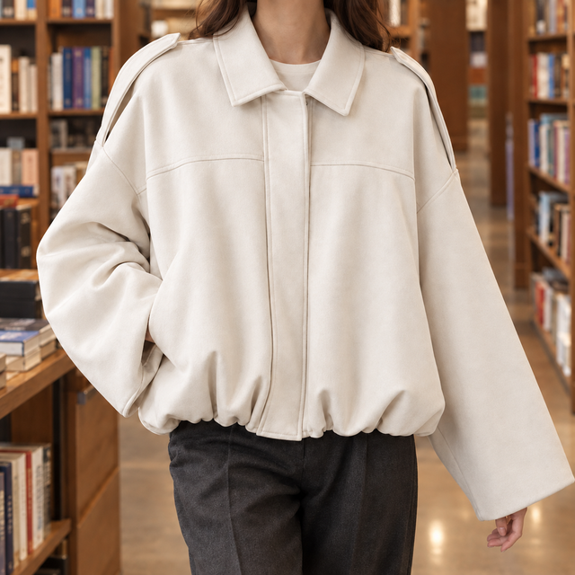Cropped Suede Blouson Jacket with Gathered Hem