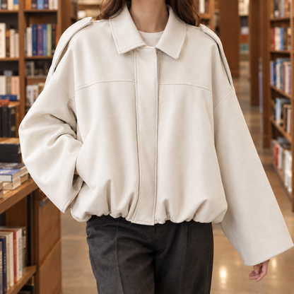 Cropped Suede Blouson Jacket with Gathered Hem