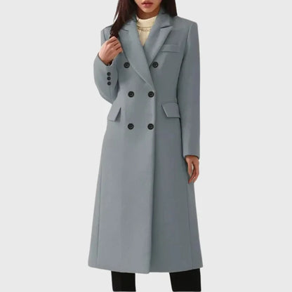 Women’s Long Tailored Wool Coat with Double-Breasted Front