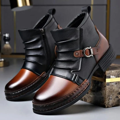 Men’s Leather Ankle Boots with Layered Fold and Buckle Detail