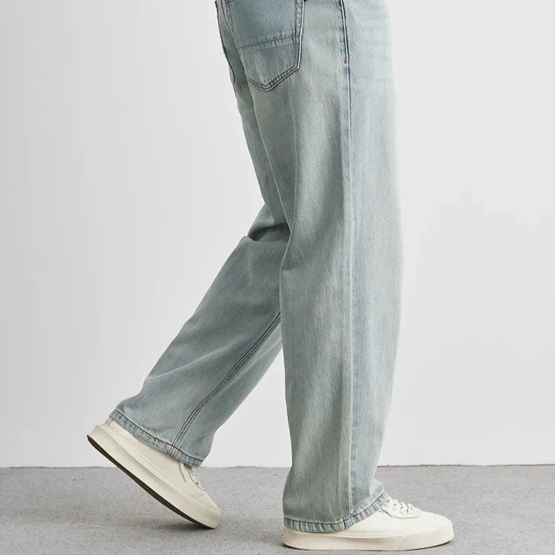 Men’s Wide-Leg Washed Denim Jeans with Five Pockets