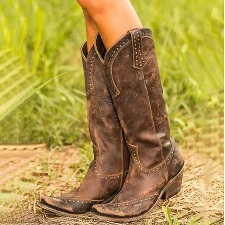 Women’s Studded Suede Cowboy Boots with Stacked Heel