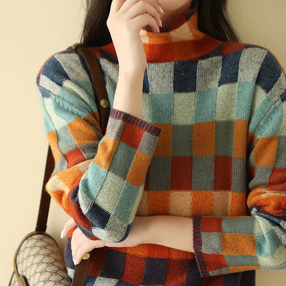 Women’s Oversized Multicolor Plaid Pattern Knit Sweater