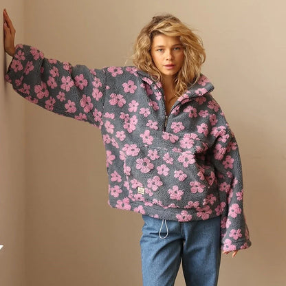 Women’s Floral Print Stand Collar Quarter-Zip Sweater