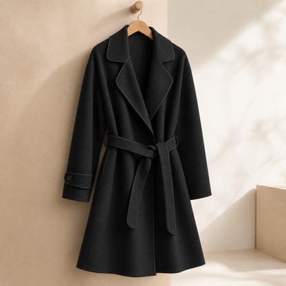 Women’s Soft Cashmere Wrap Coat with Contrast Piping
