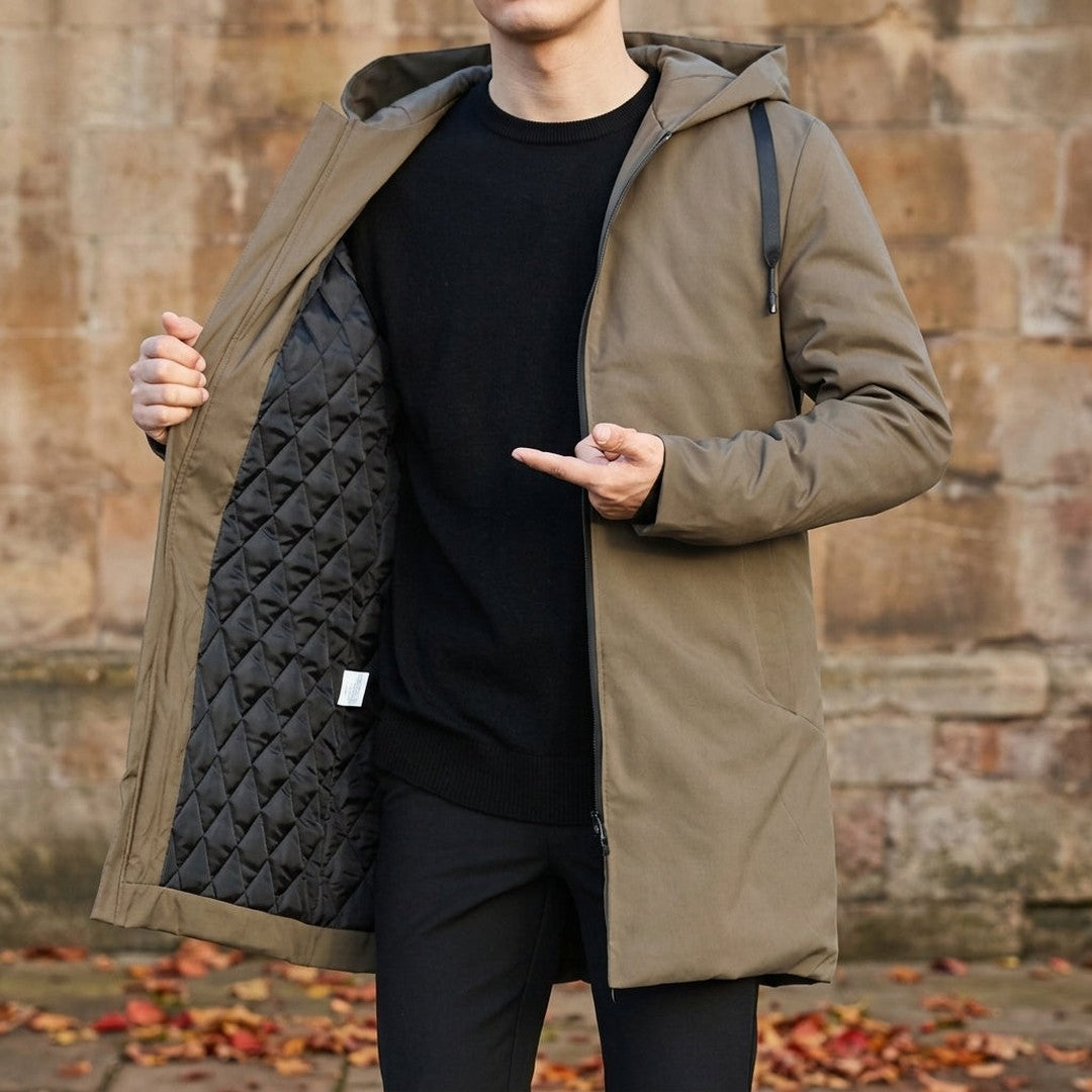 Men’s Quilted-Lined Hooded Mid-Length Winter Coat