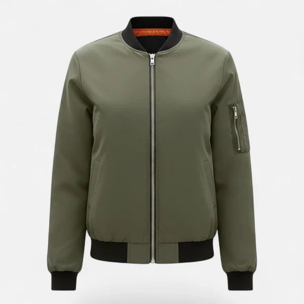Women’s Minimalist Zip-Front Bomber Jacket with Round Neck