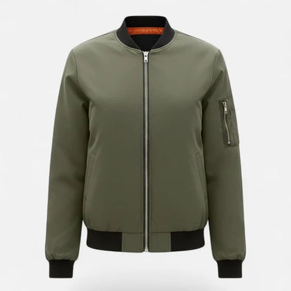Women’s Minimalist Zip-Front Bomber Jacket with Round Neck