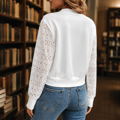 Women’s Waist-Length Jacket with Floral Crochet Lace Sleeves