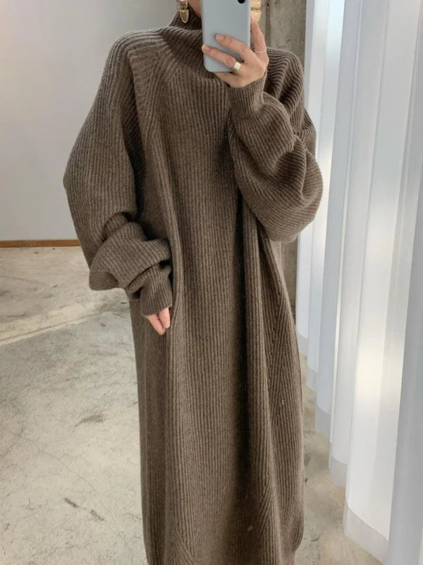 Women's Oversized Ribbed Knit Maxi Dress with High Turtleneck