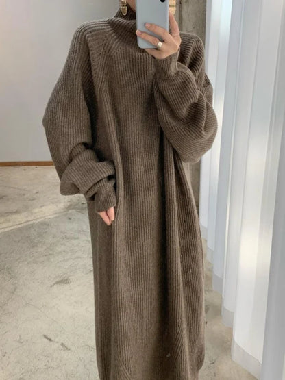 Women's Oversized Ribbed Knit Maxi Dress with High Turtleneck