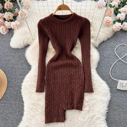 Women's Textured Cable Knit Bodycon Dress with Long Sleeves