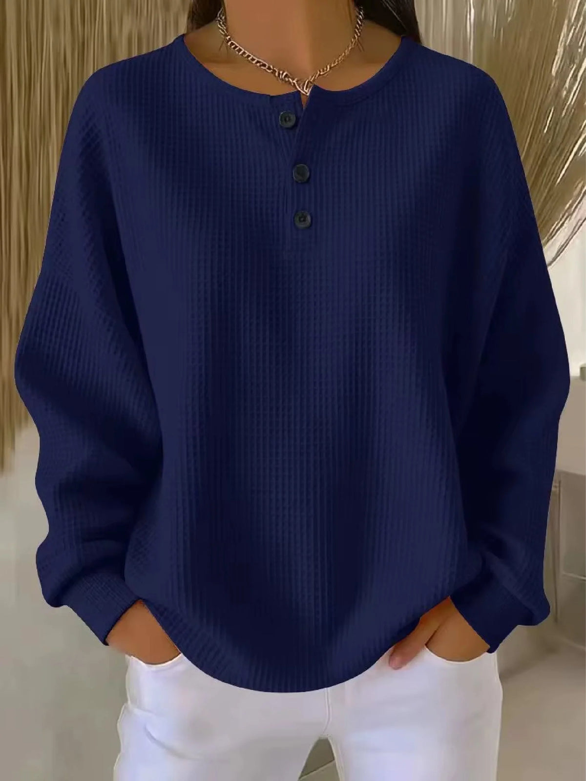 Women’s Textured Henley Knit Pullover with Button Neckline