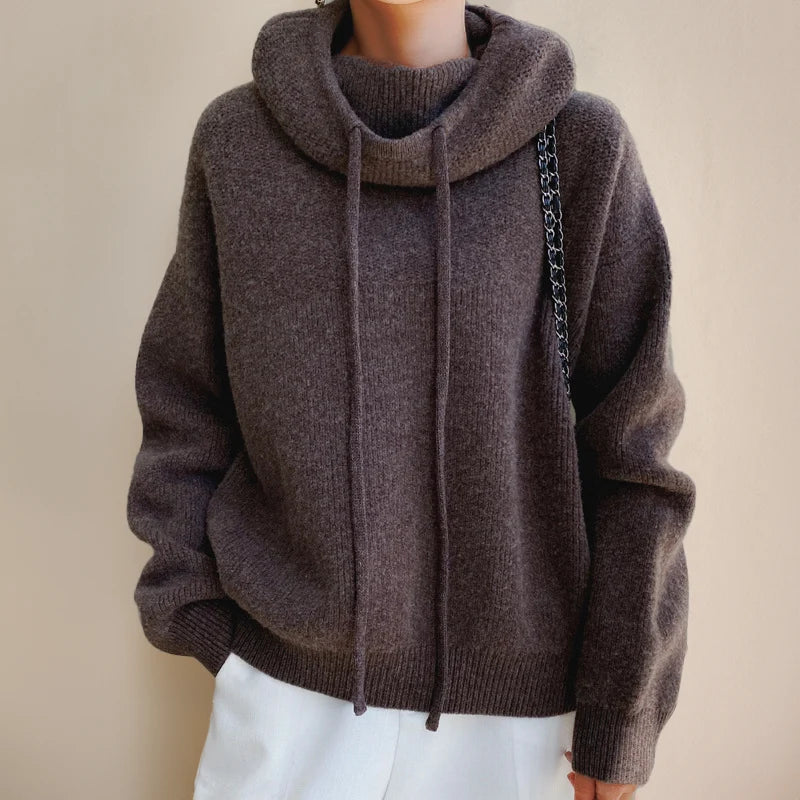 Women’s Oversized Textured Knit Cowl Neck Drawstring Pullover