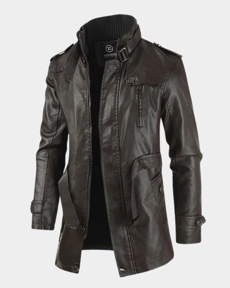 Men’s Longline Buckled Stand-Collar Biker Jacket