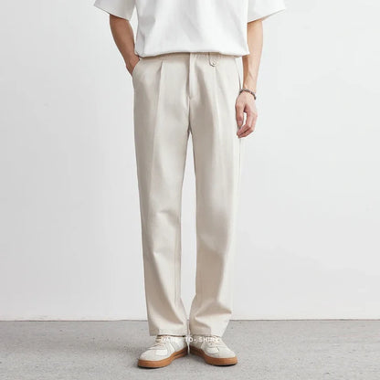 Men’s Pleated Straight-Leg Trousers in Soft Ivory