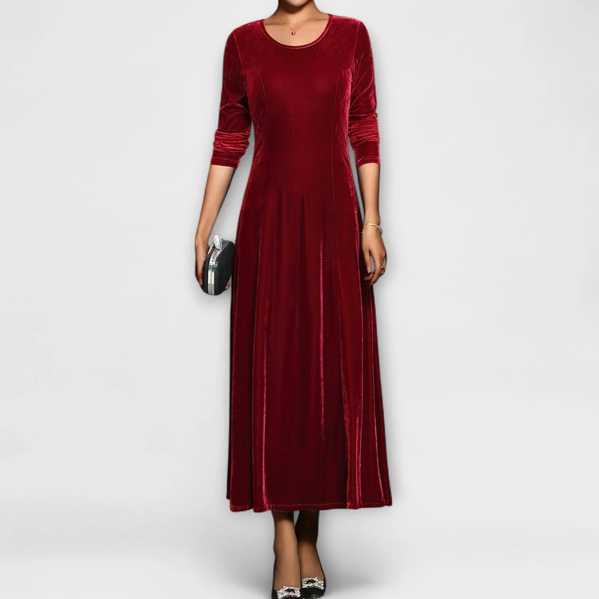 Women's Velvet A-Line Dress with Long Sleeves and Scoop Neck