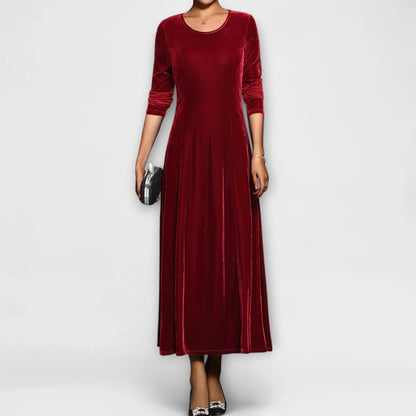 Women's Velvet A-Line Dress with Long Sleeves and Scoop Neck