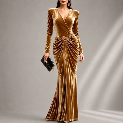 Women's Long Sleeve V-Neck Mermaid Gown with Ruched Waist
