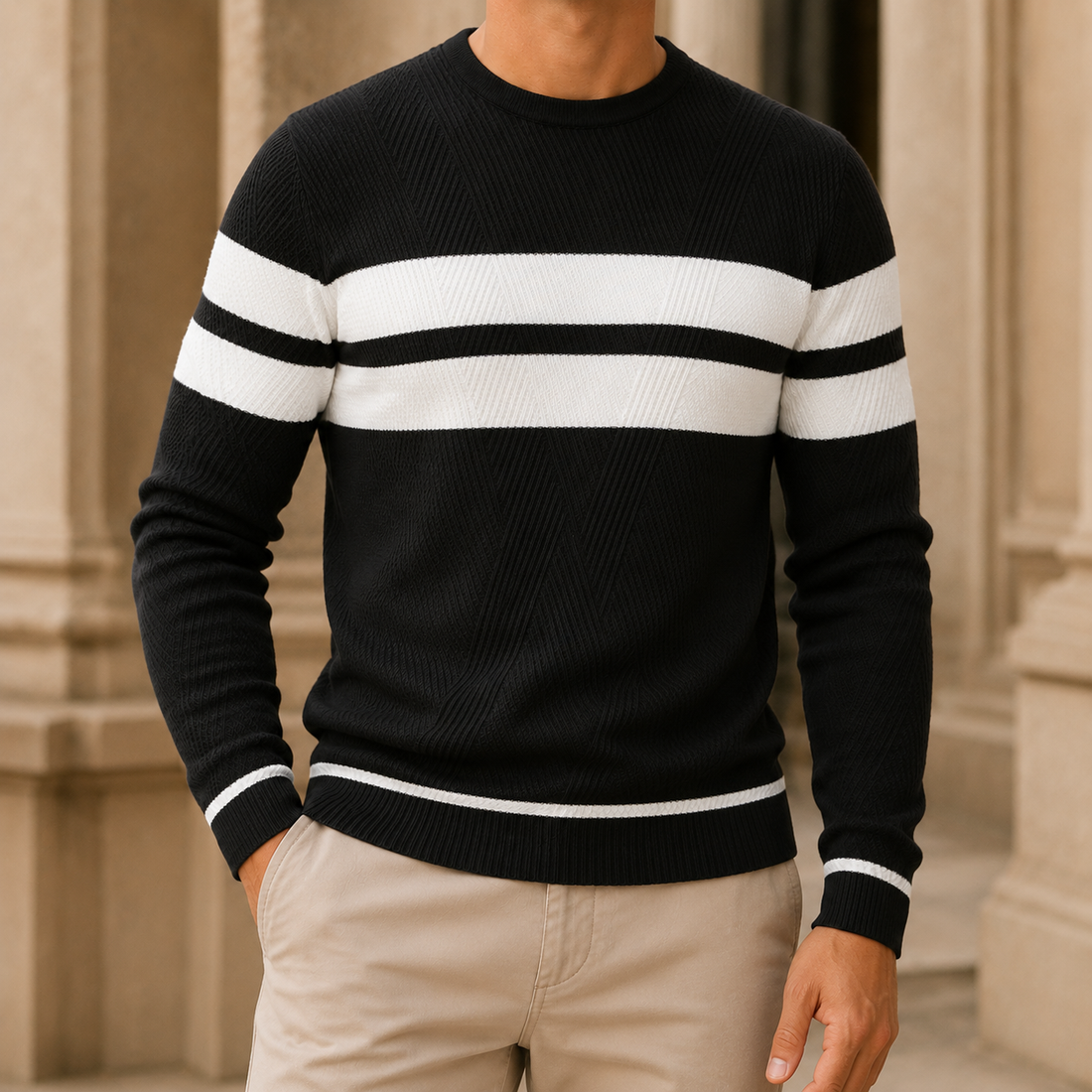 Men’s Textured Geometric Stripe Crewneck Sweater