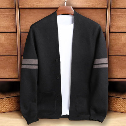 Men’s Striped Sleeve Button-Up Knit Cardigan