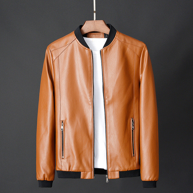 Men’s Smooth Faux Leather Ribbed Collar Bomber Jacket
