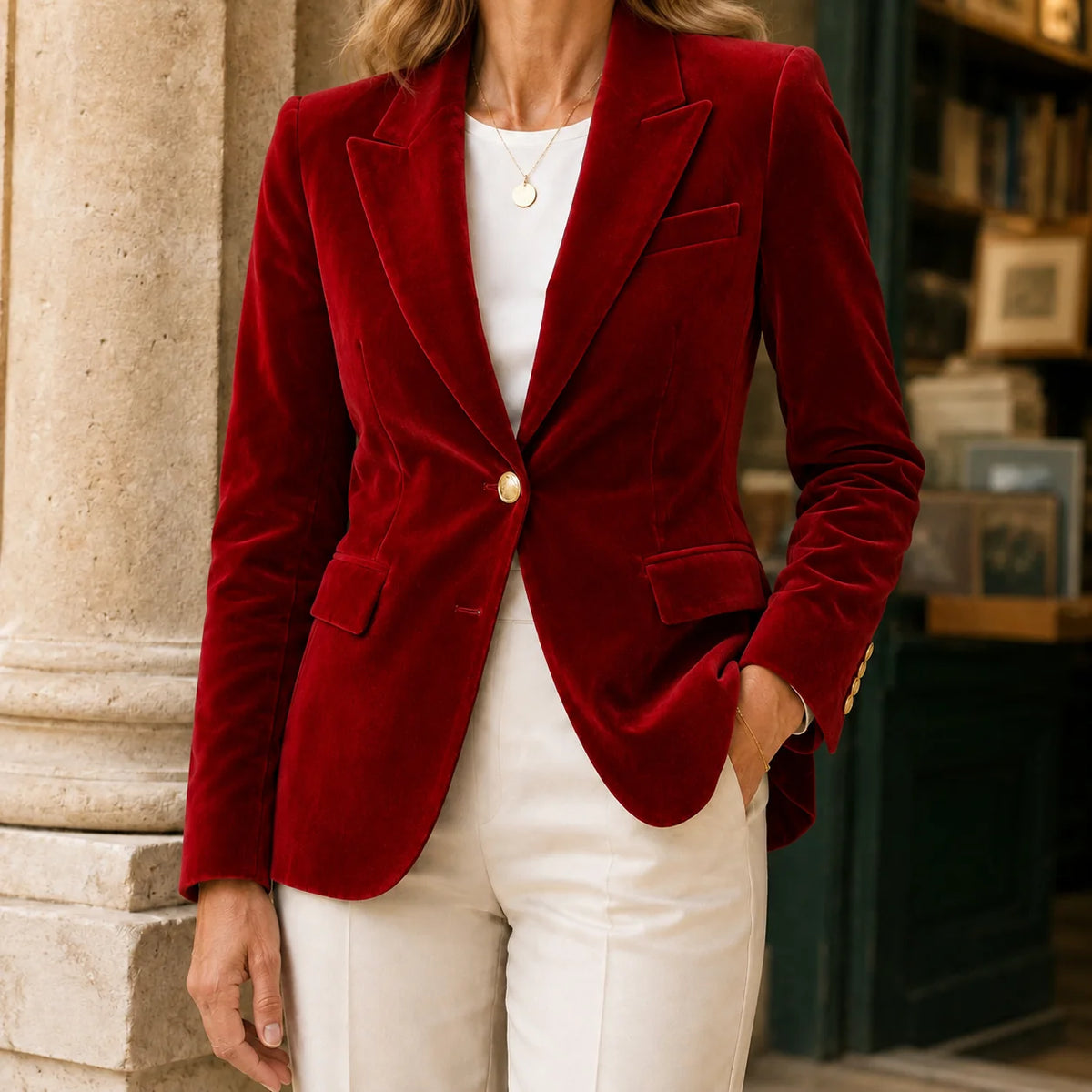 Women’s Velvet-Finish Tailored Blazer with Peak Lapels and Gold-Tone Details