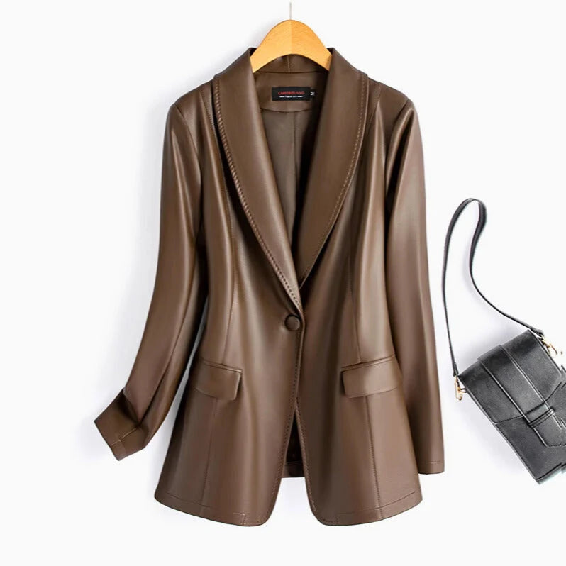 Women’s Longline Faux Leather Notch Lapel Blazer