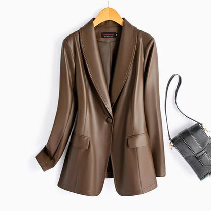 Women’s Longline Faux Leather Notch Lapel Blazer