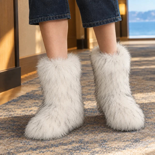 Women’s Mid-Calf Plush Boots with Long-Pile Texture and Flat Sole