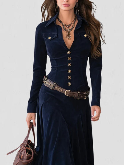 Women's Long Sleeve Velvet-Touch Button-Front Maxi Dress