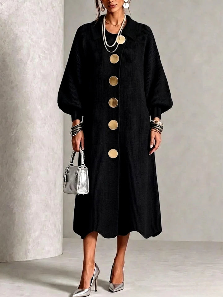 Women's Ribbed Knit Midi Dress with Collared Neck and Balloon Sleeves