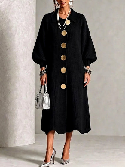 Women's Ribbed Knit Midi Dress with Collared Neck and Balloon Sleeves
