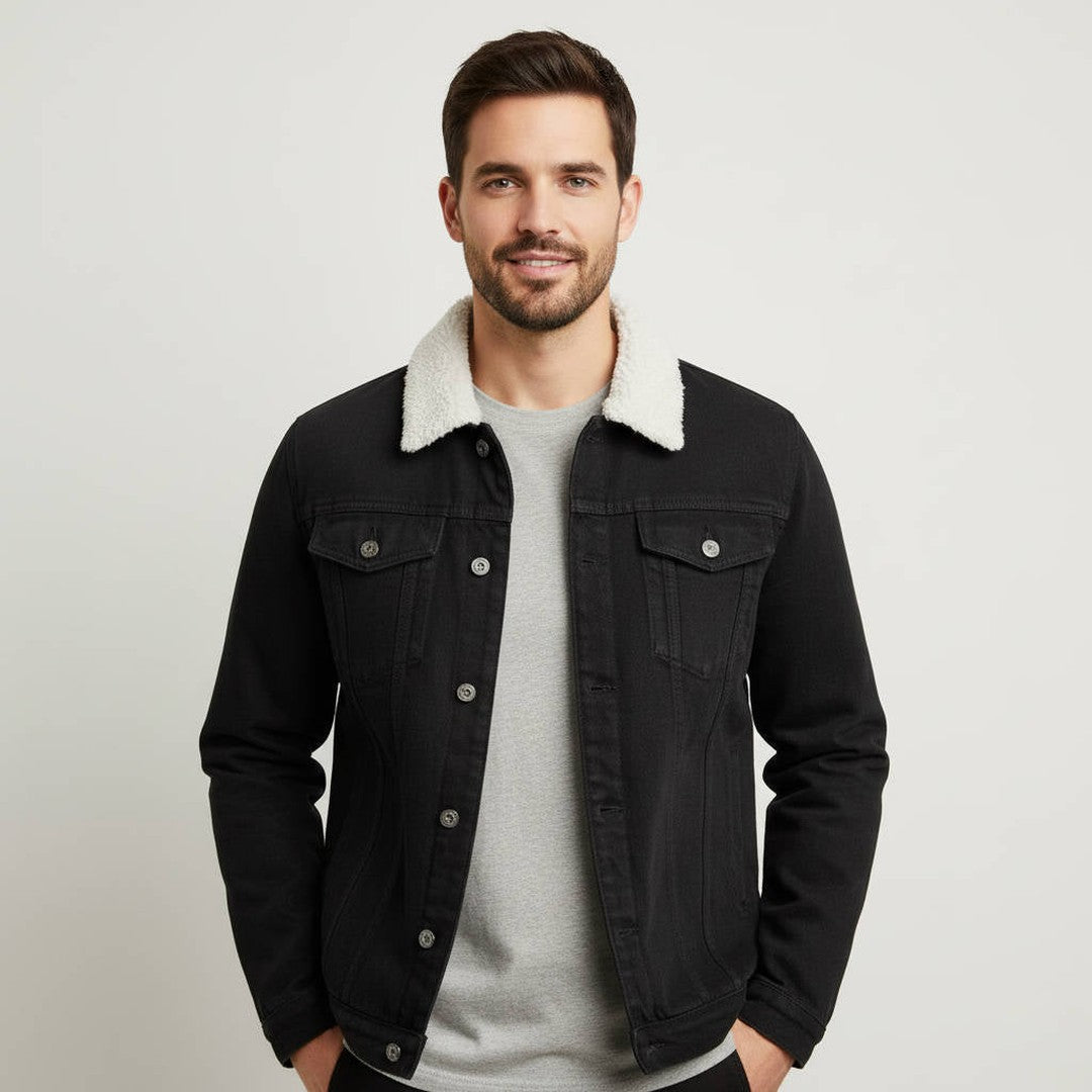 Men’s Sherpa-Lined Denim Trucker Jacket with Turn-Up Collar