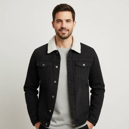 Men’s Sherpa-Lined Denim Trucker Jacket with Turn-Up Collar