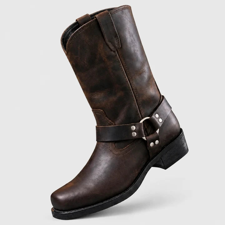 Men’s Genuine Leather Mid-Calf Boots with Buckled Harness Detail