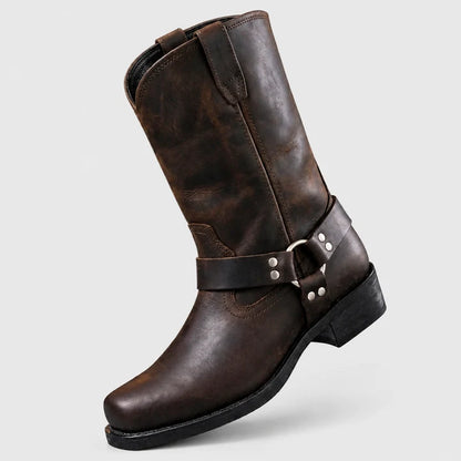 Men’s Genuine Leather Mid-Calf Boots with Buckled Harness Detail