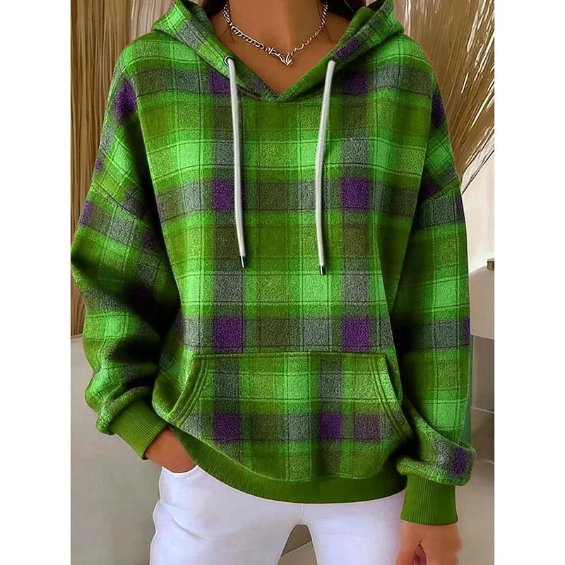 Women’s Oversized Plaid Hooded Pullover with Drawstring and Pocket