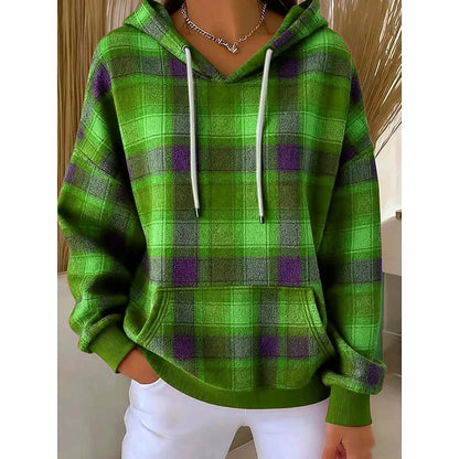 Women’s Oversized Plaid Hooded Pullover with Drawstring and Pocket