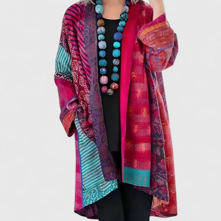 Women’s Longline Open-Front Patchwork Print Draped Cardigan with Flowing Sleeves