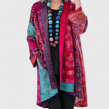 Women’s Longline Open-Front Patchwork Print Draped Cardigan with Flowing Sleeves