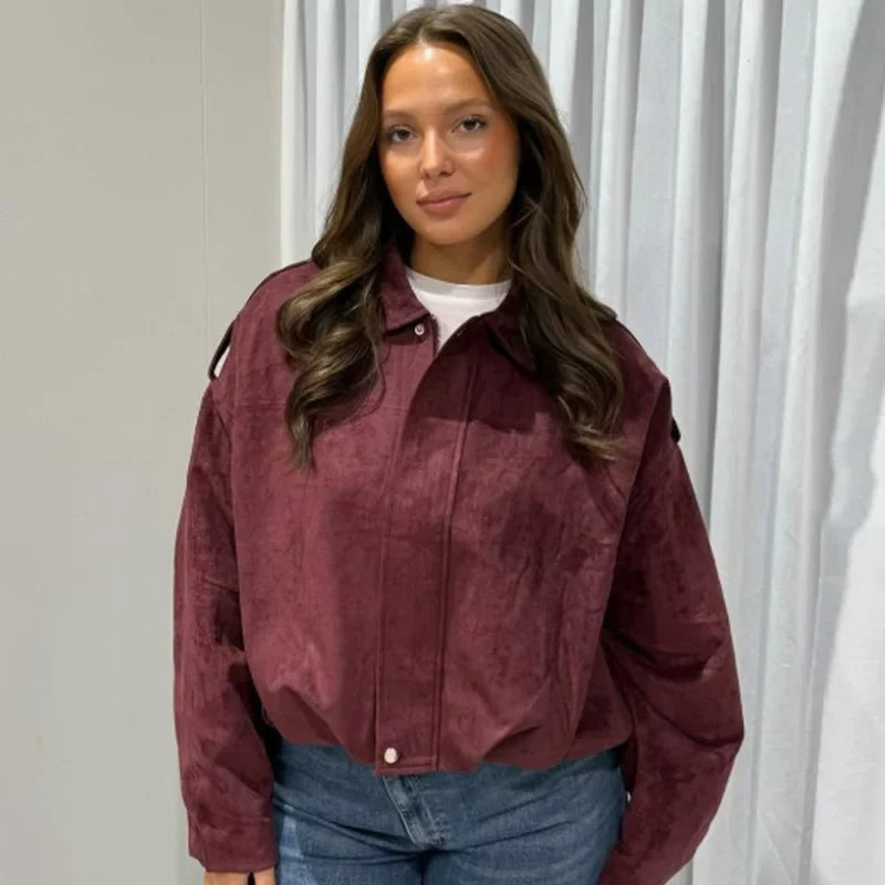 Women’s Oversized Cropped Bomber Jacket with Structured Collar and Zip Front