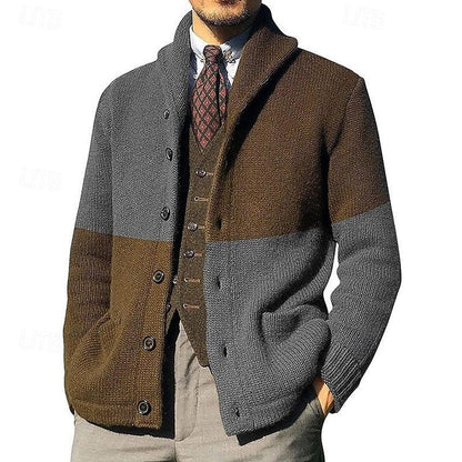 Men’s Color-Block Shawl Collar Button-Front Cardigan