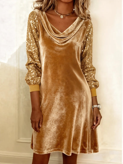 Women's Velvet Dress with Shimmering Sequin Sleeves