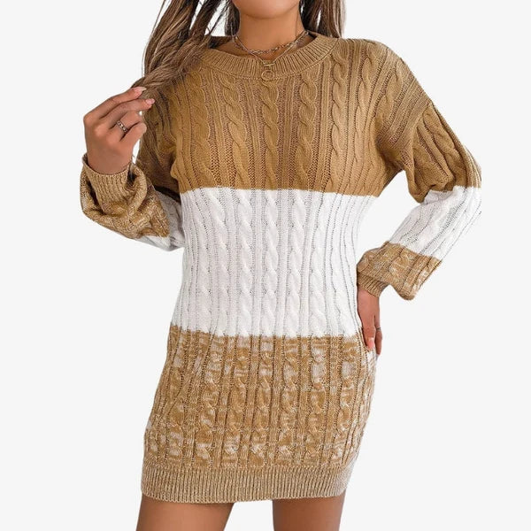 Women's Cable Knit Mini Sweater Dress with Textured Panels and Long Sleeves